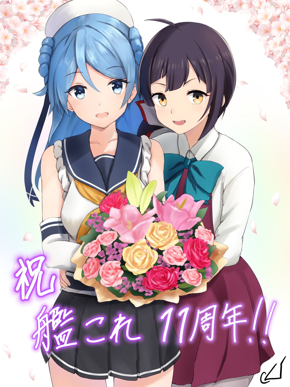 2girls ahoge anniversary black_hair blue_eyes blue_hair blush bouquet breasts double_bun dress elbow_gloves flower fujinami_(kancolle) gloves hair_bun hair_ribbon hat highres kantai_collection kotou_yogen large_breasts long_hair long_sleeves looking_at_viewer multiple_girls neckerchief open_mouth pantyhose purple_hair ribbon sailor_hat school_uniform serafuku shirt short_hair side_ponytail sleeveless smile solo urakaze_(kancolle) white_gloves white_hat white_ribbon white_shirt yellow_eyes yellow_neckerchief