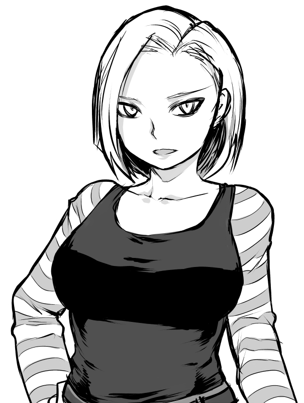 android_18 breasts dragon_ball dragon_ball_z greyscale hand_on_hip large_breasts mature monochrome short_hair smile solo striped tsukudani_(coke-buta)