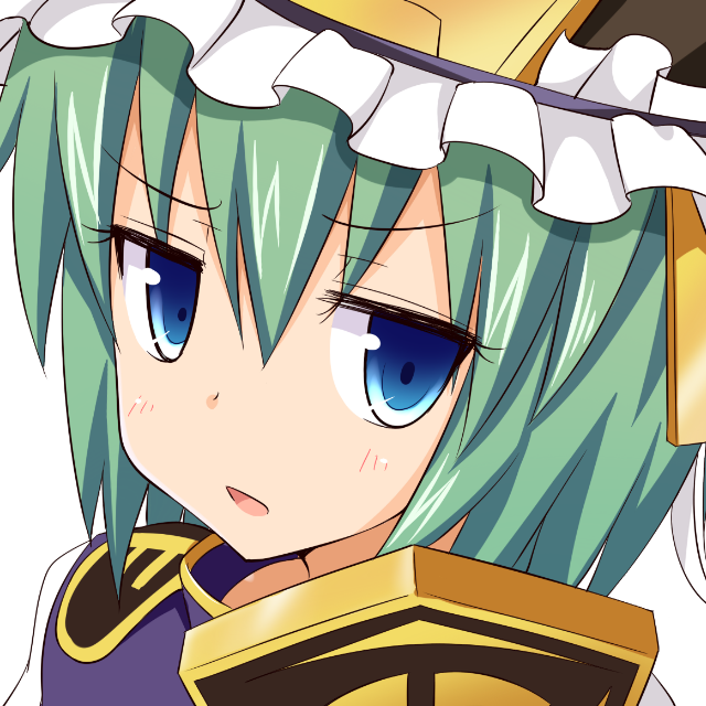 1girl blue_eyes commentary_request epaulettes frilled_hat frills gin'you_haru green_hair hat looking_at_viewer open_mouth portrait profile_picture shiki_eiki short_hair simple_background solo touhou upper_body white_background