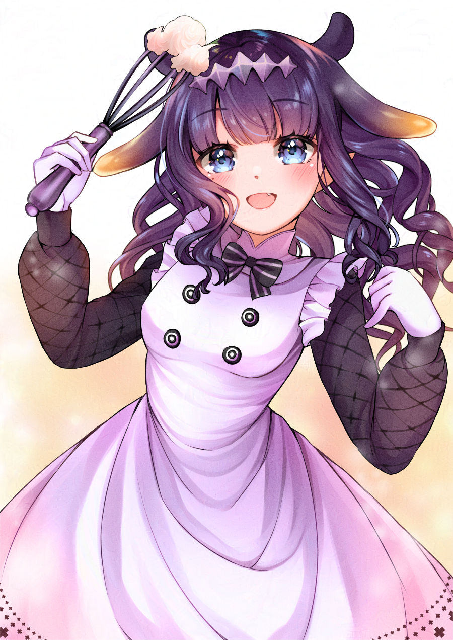 1girl :d apron black_bow black_bowtie black_dress black_hair blue_eyes blunt_bangs blush bow bowtie breasts commentary_request cowboy_shot curly_hair dress fang frilled_apron frills gloves gradient_hair hair_flaps headpiece highres holding holding_whisk hololive hololive_english long_hair long_sleeves looking_at_viewer mia_mikhail mole mole_under_eye multicolored_hair ninomae_ina'nis ninomae_ina'nis_(6th_costume) official_alternate_costume official_alternate_hairstyle open_mouth orange_hair pointy_ears short_dress sidelocks small_breasts smile solo tentacle_hair virtual_youtuber whisk white_apron white_gloves
