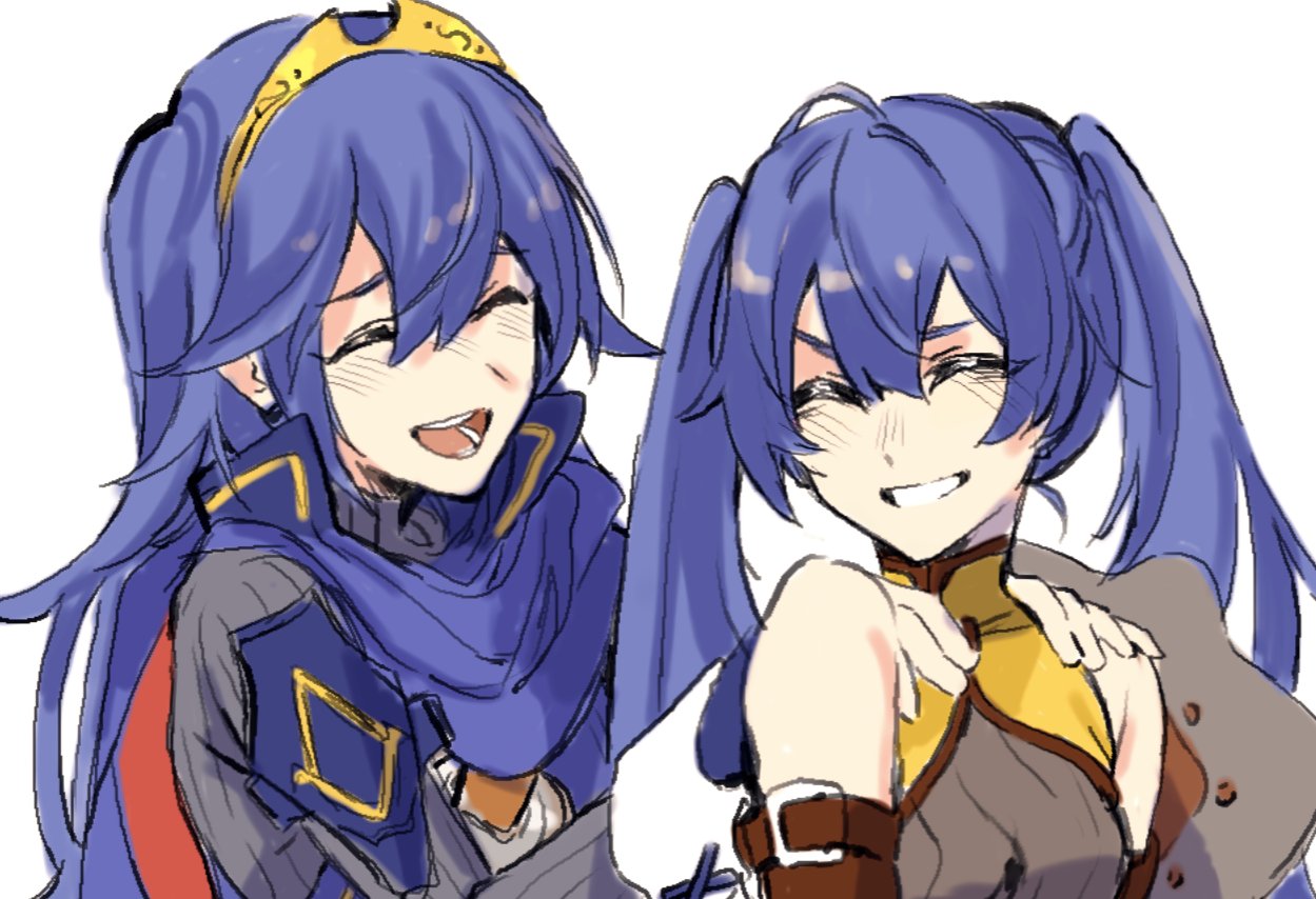 2girls alternate_hair_color bare_shoulders blue_cape blue_gloves blue_hair cape closed_eyes commentary eri_(erikiri) fingerless_gloves fire_emblem fire_emblem_awakening gloves hair_between_eyes hands_on_another's_shoulders long_hair long_sleeves lucina_(fire_emblem) multiple_girls open_mouth red_cape severa_(fire_emblem) siblings sisters symbol-only_commentary teeth tiara twintails two-tone_cape upper_body
