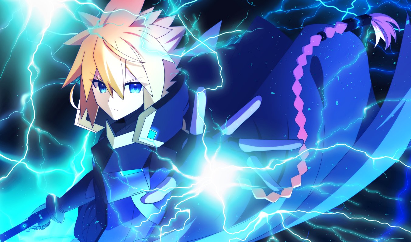 1boy armor azure_striker_gunvolt azure_striker_gunvolt_2 blonde_hair blue_coat blue_eyes braid braided_ponytail breastplate coat electricity gun gunvolt holding holding_gun holding_weapon lololotton long_hair looking_at_viewer outstretched_arm solo upper_body weapon