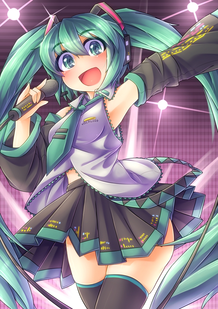 black_legwear blush detached_sleeves fun_bo green_eyes green_hair hair_ornament hatsune_miku headset long_hair long_sleeves looking_at_viewer microphone open_mouth shirt skirt smile solo stage_lights thighhighs twintails very_long_hair vocaloid wide_sleeves zettai_ryouiki