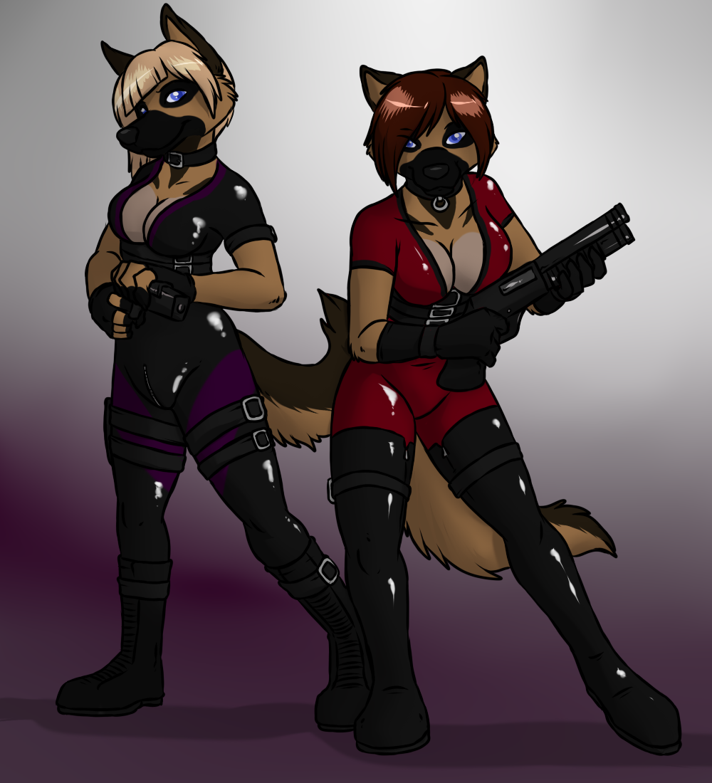 canine cleavage clothed clothing collar dog female german_shepherd gun leather looking_at_viewer mammal pistol ranged_weapon shotgun sibling sisters twins weapon