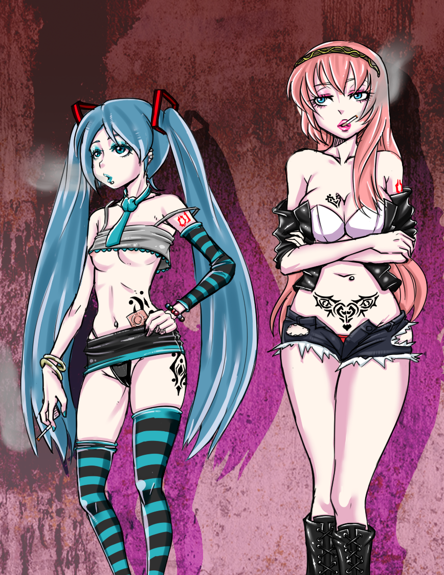 2girls aqua_eyes aqua_hair areolae armband belly_piercing black_panties black_shoes blue_eyes blue_lips blue_lipstick blue_nails boots breasts cigarette clothed condom condom_wrapper denim denim_shorts earring earrings eye_shadow eyeshadow female hairband hatsune_miku jacket jewelry large_breasts lipstick long_hair makeup medium_breasts megabuster megurine_luka miniskirt multiple_girls nail_polish navel navel_piercing necktie panties piercing pink_hair pink_lips pink_lipstick prostitution red_panties shoes shorts skirt smoking socks standing tattoo twintails underboob underwear very_long_hair vocaloid