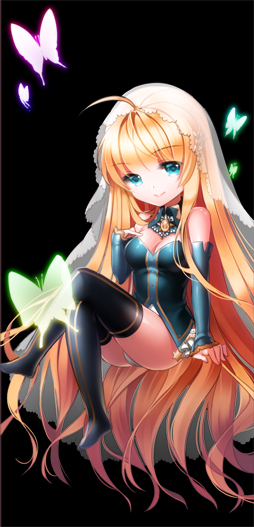 aile_(crossroads) black_background blonde_hair blue_eyes breasts bug butterfly chibi cleavage helena_k_sink insect long_hair medium_breasts sitting smile solo sword_girls thighhighs veil very_long_hair