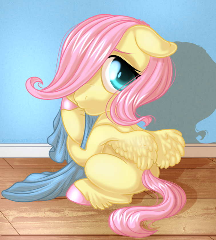 blanket blue_eyes equine female feral fluttershy_(mlp) friendship_is_magic hair horse kittehkatbar looking_at_viewer looking_back mammal my_little_pony pegasus pink_hair pony shadow sitting solo wings young