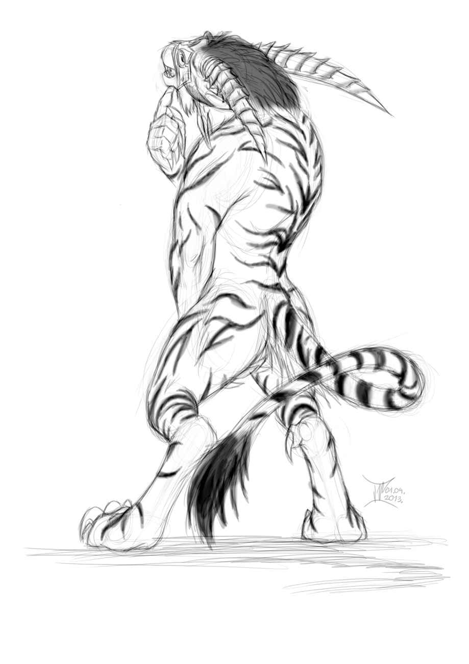 butt charr digitigrade feline from_behind guild_wars horn jackrow looking_at_viewer looking_back male mammal mask monochrome muscles nude plain_background sketch solo standing tiger_stripes video_games white_background