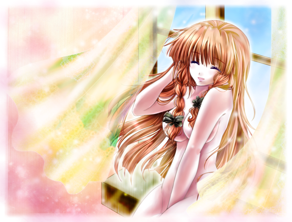 between_legs bow braid breasts closed_eyes curtains day hair_bow hand_between_legs hong_meiling light_particles long_hair medium_breasts nude open_mouth red_hair solo touhou tsukiori_sasa twin_braids wind window windowsill