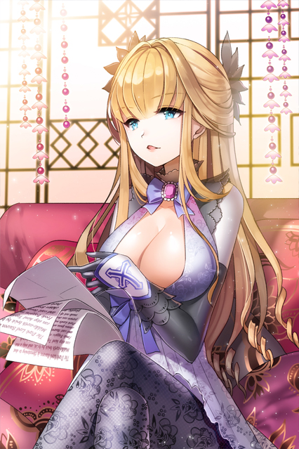 aile_(crossroads) beads blonde_hair blue_eyes breasts cleavage couch crossed_legs dress floral_print gloves hair_ornament half_updo large_breasts long_hair open_mouth pantyhose paper print_legwear sitting solo sword_girls