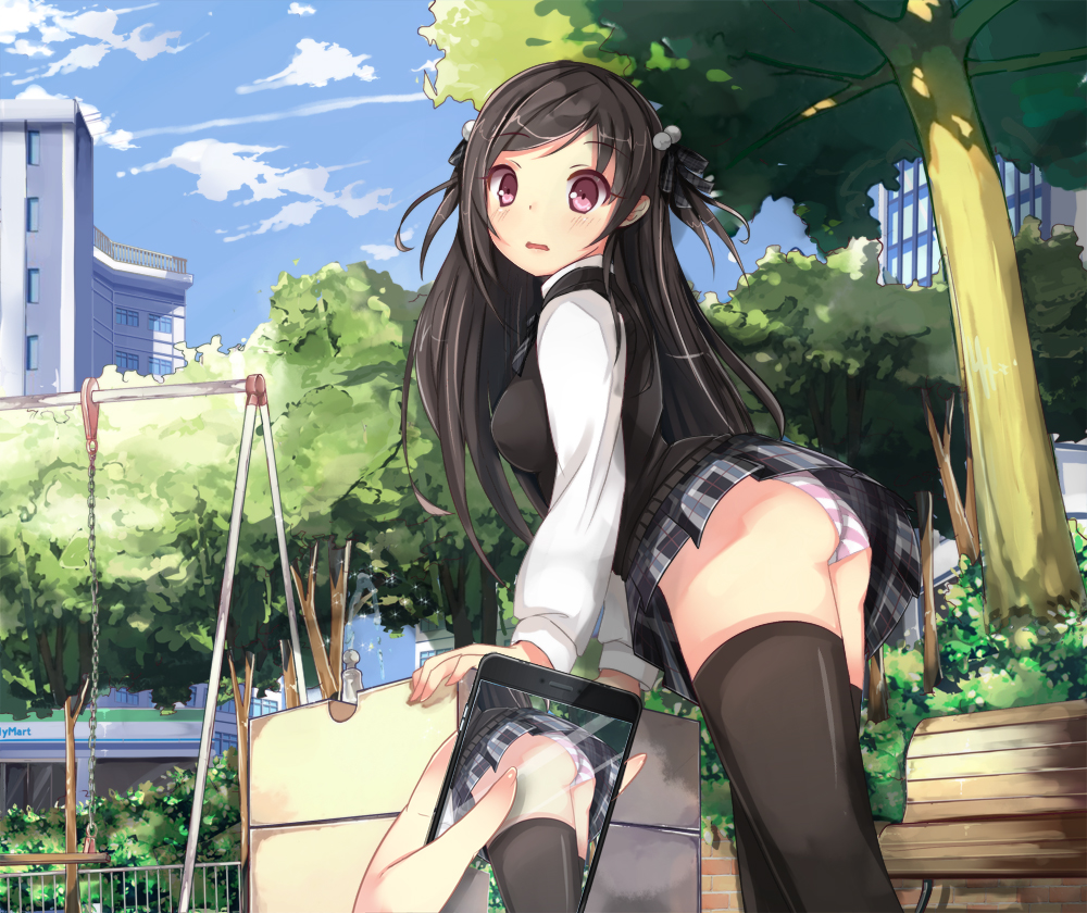 ass bad_id bad_pixiv_id bench black_hair blue_sky blush building cellphone cellphone_picture cloud day drinking_fountain embarrassed hair_bobbles hair_ornament hair_ribbon icywood long_hair looking_at_viewer original panties park parted_lips phone pleated_skirt ribbon school_uniform skirt sky smartphone solo_focus sparkle striped striped_panties sweater_vest swing thighhighs tree two_side_up underwear