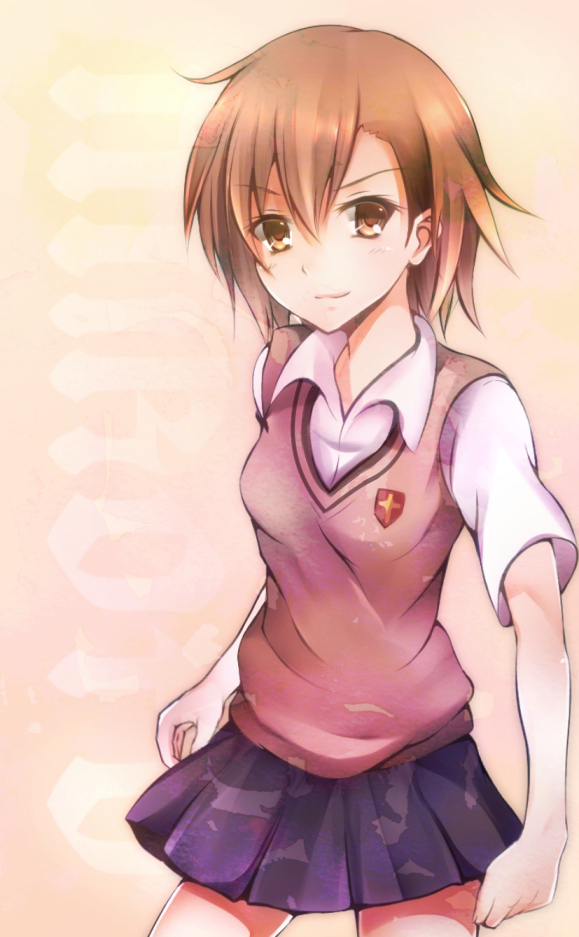 bad_id bad_pixiv_id brown_eyes brown_hair misaka_mikoto school_uniform short_hair skirt suishin_tenra sweater_vest to_aru_kagaku_no_railgun to_aru_majutsu_no_index