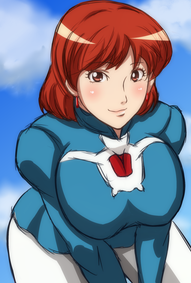 breasts earrings igatto jewelry kaze_no_tani_no_nausicaa large_breasts leaning_forward looking_at_viewer nausicaa red_eyes red_hair smile solo