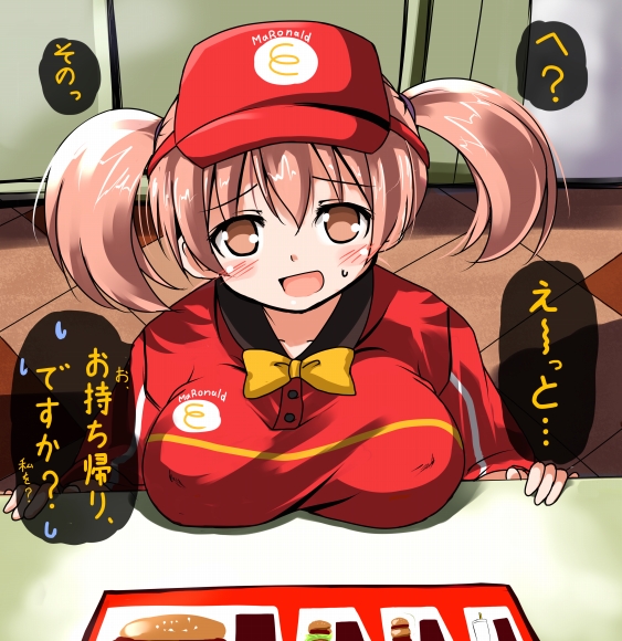 :d bow brand_name_imitation breast_rest breasts brown_eyes brown_hair clothes_writing covered_nipples employee_uniform fast_food_uniform hataraku_maou-sama! large_breasts long_hair mcdonald's open_mouth polo_shirt sasaki_chiho smile solo table tile_floor tiles translated tsuzuri_(tuzuri) twintails uniform visor_cap