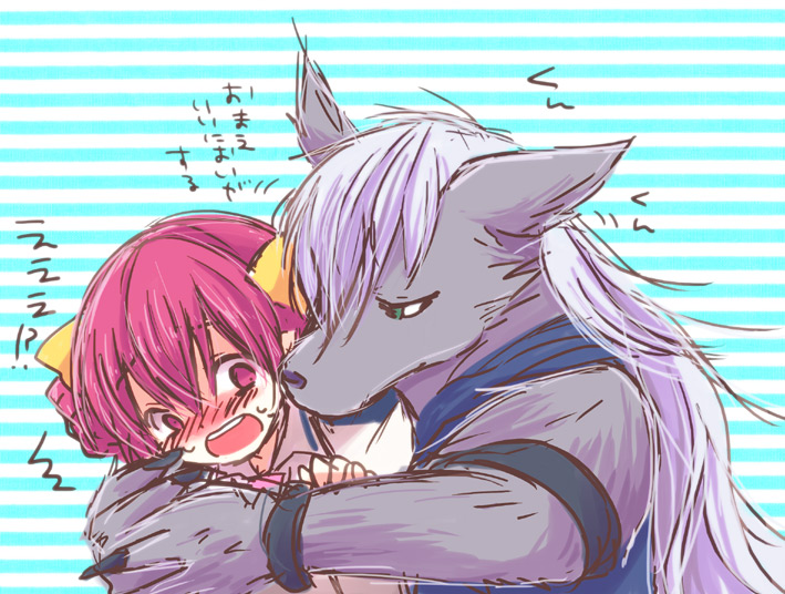 1girl blush hoshizora_miyuki hug hug_from_behind open_mouth precure smile_precure! striped striped_background wolfrun yoshizoe_eiko