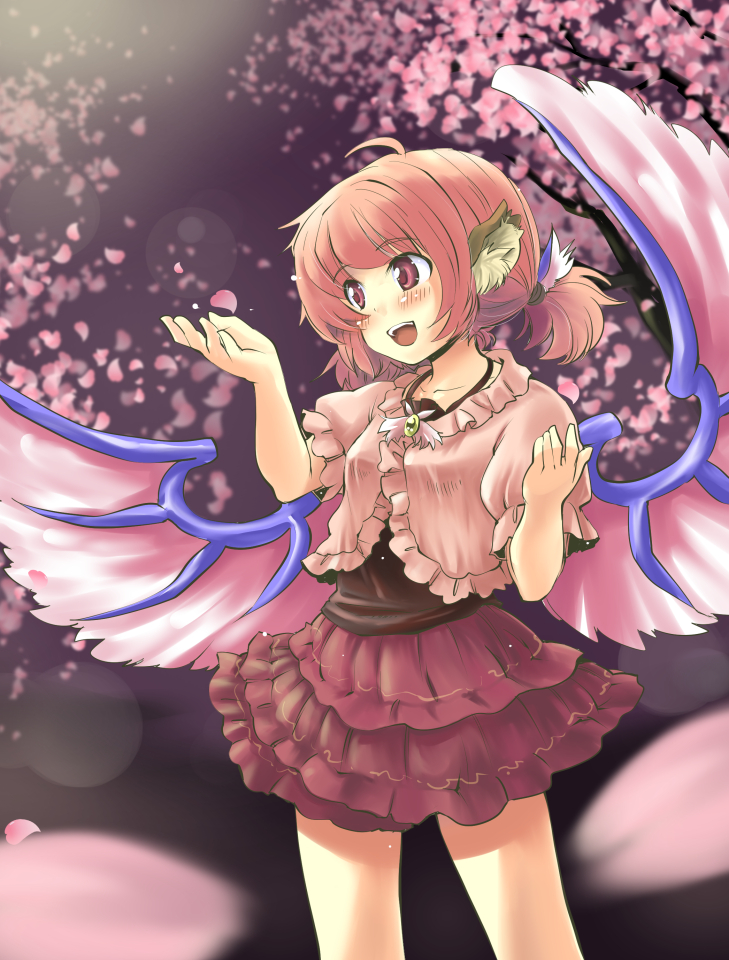 :d adapted_costume ahoge alternate_costume alternate_hairstyle animal_ears bad_id bad_pixiv_id blush cherry_blossoms mystia_lorelei nise_nanatsura no_hat no_headwear open_mouth petals pink_eyes pink_hair ponytail red_eyes short_hair skirt smile solo touhou wings