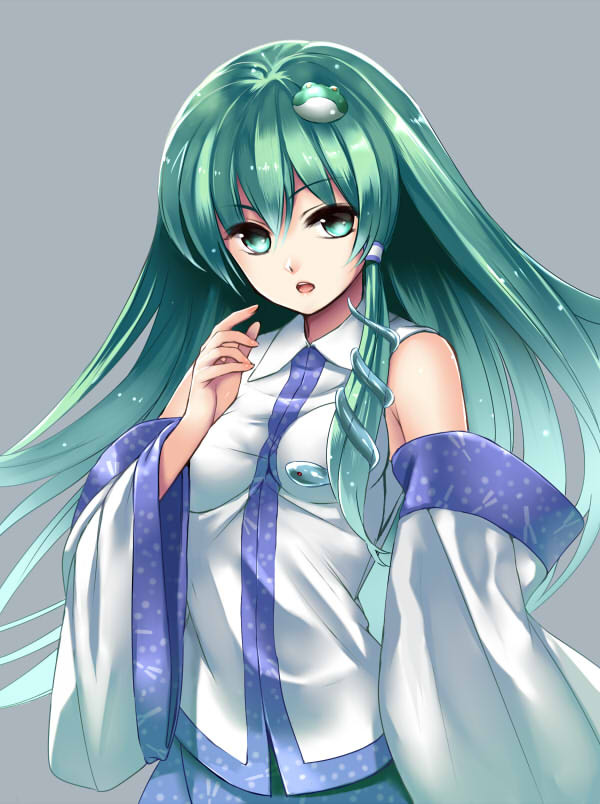 bare_shoulders detached_sleeves frog_hair_ornament green_eyes green_hair hair_ornament japanese_clothes kochiya_sanae long_hair looking_at_viewer open_mouth simple_background snake solo takemori_shintarou touhou