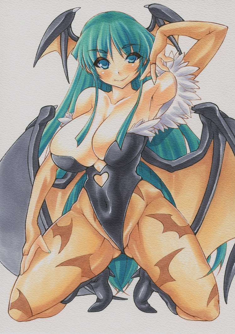 animal_print bare_shoulders bat_print bat_wings blue_eyes blush breasts cleavage green_hair head_wings large_breasts long_hair looking_at_viewer morrigan_aensland pantyhose print_legwear revealing_clothes simple_background smile solo squatting uneven_eyes vampire_(game) white_background wings yutakasan-love