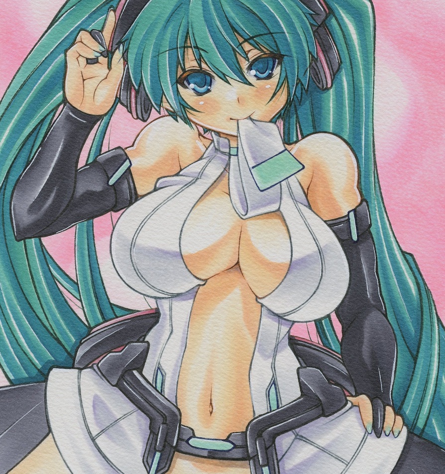 blush breasts cleavage green_eyes hatsune_miku large_breasts long_hair looking_at_viewer mouth_hold pink_background revealing_clothes smile solo traditional_media twintails very_long_hair vocaloid vocaloid_append yutakasan-love