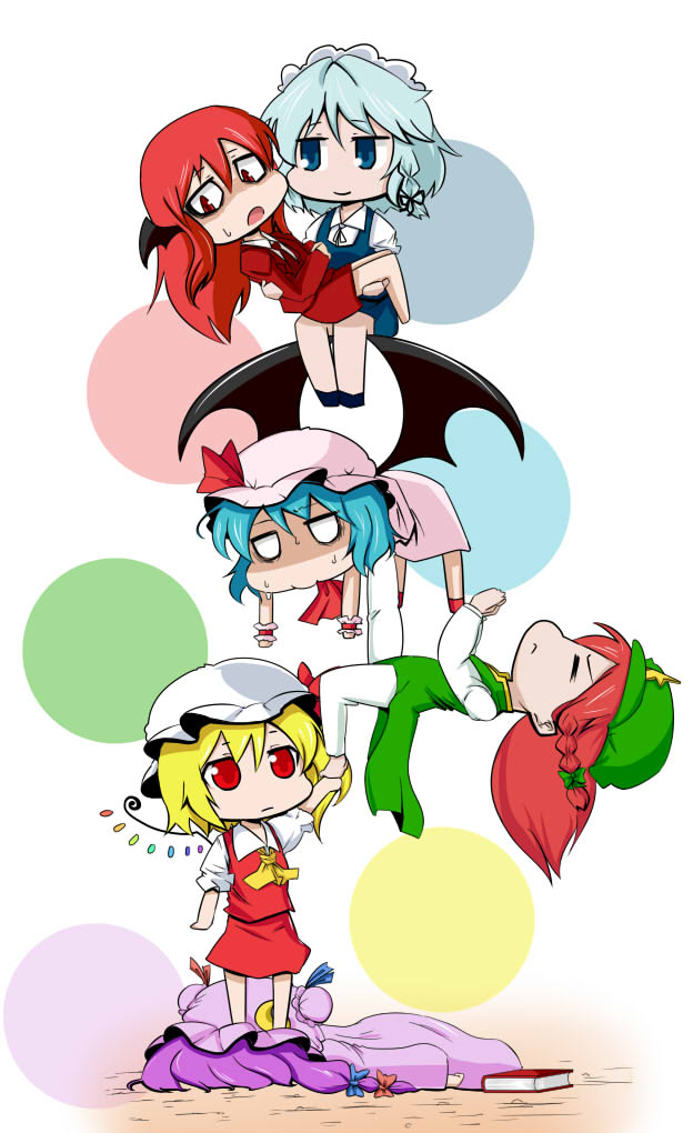 balancing bat_wings blonde_hair blue_eyes blue_hair book braid carrying chibi circle expressionless face_down flandre_scarlet hands_together head_wings hong_meiling human_tower izayoi_sakuya jitome kinokodake koakuma long_hair long_sleeves lying multiple_girls no_nose no_pupils open_mouth pants patchouli_knowledge princess_carry purple_hair red_eyes red_hair remilia_scarlet short_sleeves sitting sitting_on_person stacking standing_on_person stepped_on sweatdrop touhou wings