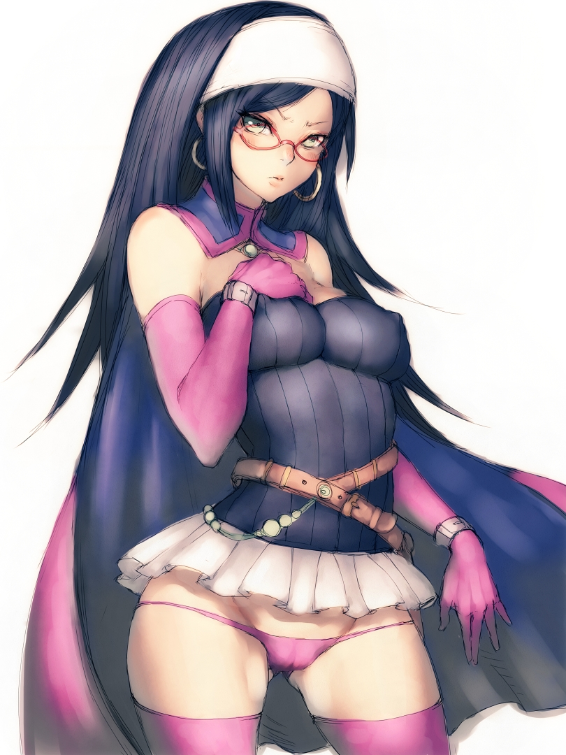 belt black_hair blue_hair breasts cape contrapposto covered_nipples detached_collar dragon_quest dragon_quest_x earrings elbow_gloves fumio_(rsqkr) glasses gloves green_eyes impossible_clothes impossible_shirt jewelry large_breasts long_hair looking_at_viewer lowleg lowleg_panties miniskirt panties pink_legwear pink_panties red-framed_eyewear runana_(dq10) shirt simple_background skirt solo standing underwear white_background