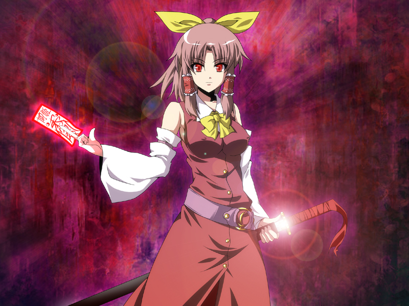 armpits belt bow breasts covered_nipples detached_sleeves fal_(falketto) fusion hair_ribbon hair_tubes hakurei_reimu lens_flare long_hair medium_breasts ofuda ponytail purple_hair red_eyes ribbon solo sword touhou watatsuki_no_yorihime weapon