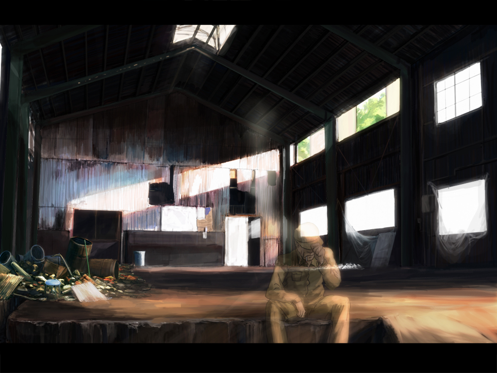 building ghost hat indoors letterboxed old_man original ruins scenery solo sunlight transparent trash warehouse window you_shimizu