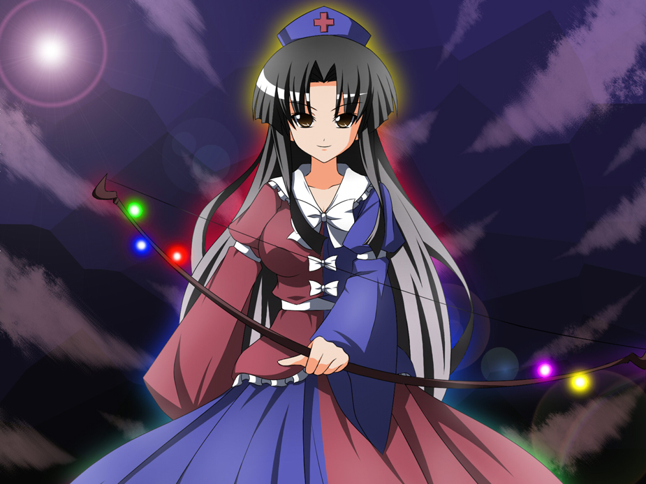 aura black_hair bow bow_(weapon) branch dress fal_(falketto) fusion gradient_hair hat houraisan_kaguya jeweled_branch_of_hourai lens_flare long_hair multicolored_hair silver_hair smile solo touhou weapon yagokoro_eirin yellow_eyes