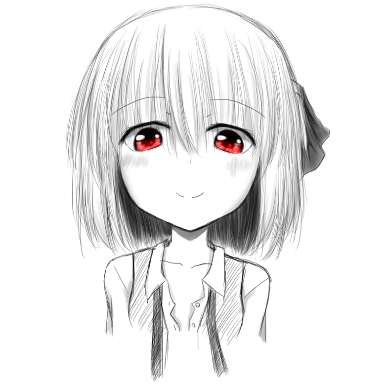 collarbone greyscale iruru5666 looking_at_viewer monochrome open_clothes open_shirt red_eyes rumia shirt short_hair sketch smile solo spot_color touhou upper_body white_background