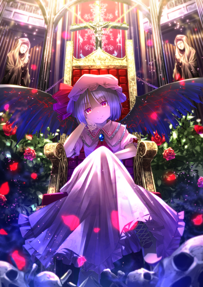 arm_support ascot bat_wings bone brooch chain church cross dress flower hat hat_ribbon jewelry looking_at_viewer pink_dress puffy_sleeves purple_eyes purple_hair red_flower red_rose remilia_scarlet ribbon rose ryosios short_hair short_sleeves sitting skull slit_pupils smile solo statue throne touhou wings