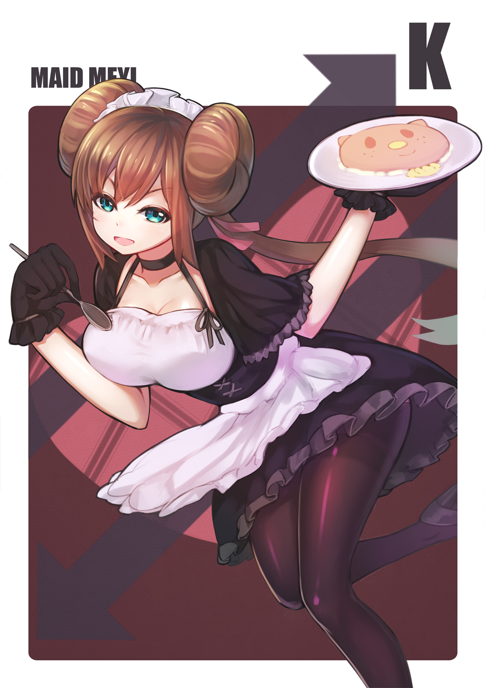 :d alternate_costume aqua_eyes black_gloves breasts brown_hair cleavage double_bun enmaided gloves highres large_breasts long_hair maid maid_headdress mei_(pokemon) open_mouth pantyhose pokemon pokemon_(game) pokemon_bw2 ririko_(zhuoyandesailaer) smile solo spoon twintails v-shaped_eyebrows