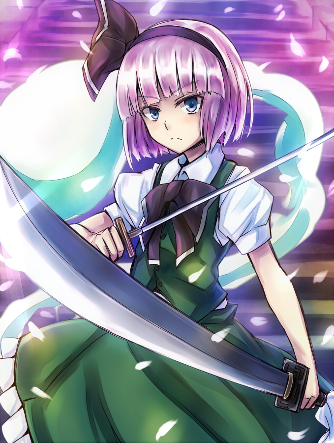 black_hairband blue_eyes bob_cut dress dual_wielding frown hair_ribbon hairband holding inaba-no-kuni-tottori konpaku_youmu konpaku_youmu_(ghost) petals ribbon silver_hair solo sword touhou vest weapon