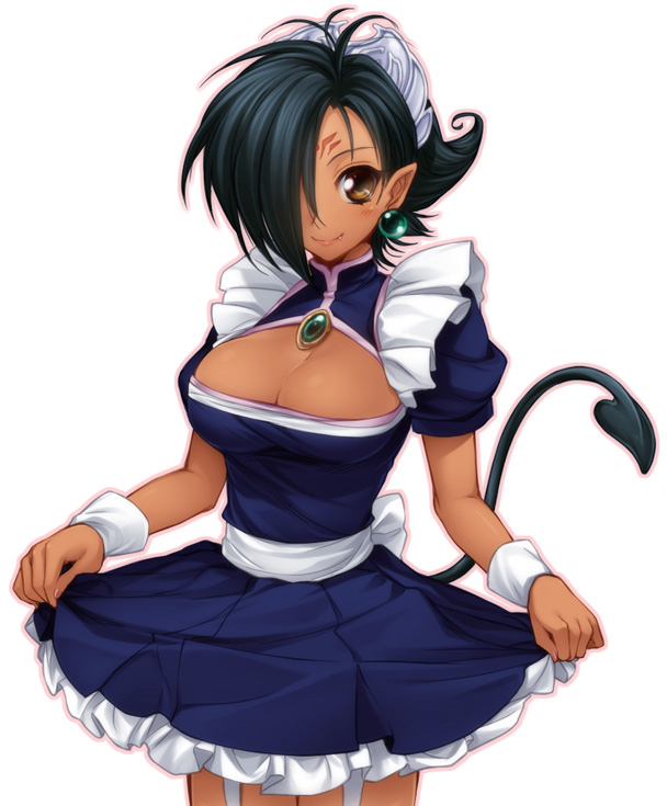 bad_id bad_pixiv_id black_hair breasts brown_eyes character_request cleavage cleavage_cutout copyright_request dark_skin demon_girl demon_tail earrings facial_mark fang forehead_mark hair_over_one_eye jewelry large_breasts maid pointy_ears short_hair skirt skirt_lift smile solo tail utsugi_(skydream) wrist_cuffs