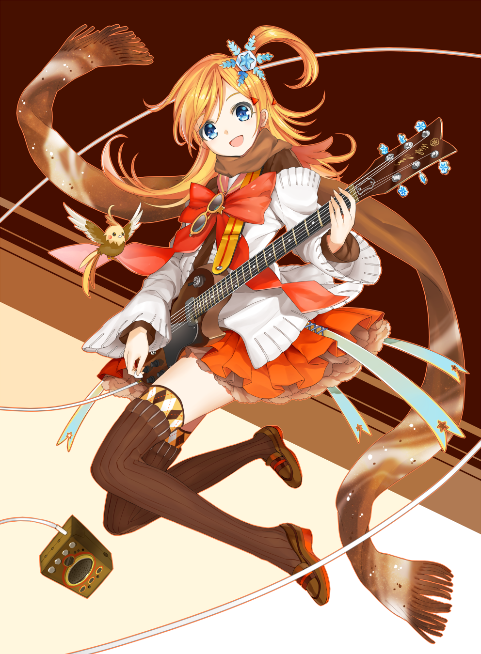 :d blue_eyes guitar highres instrument mizushirazu open_mouth orange_hair original scarf smile solo thighhighs