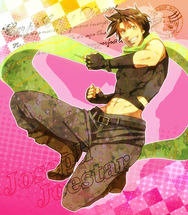 bad_id bad_pixiv_id boots brown_hair character_name fingerless_gloves gloves green_eyes jojo_no_kimyou_na_bouken joseph_joestar_(young) male_focus midriff rnyo scarf solo striped striped_scarf