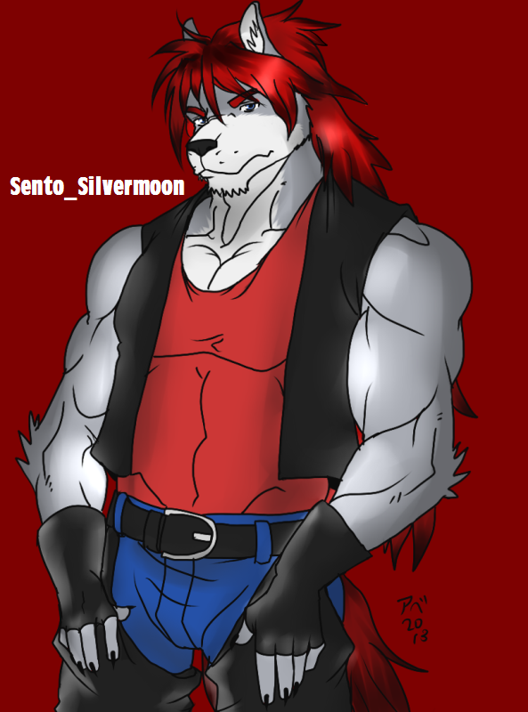 abs anthro biceps big_muscles canine fur hair hentist male mammal muscles pecs pose red_hair sento_silvermoon solo text wolf