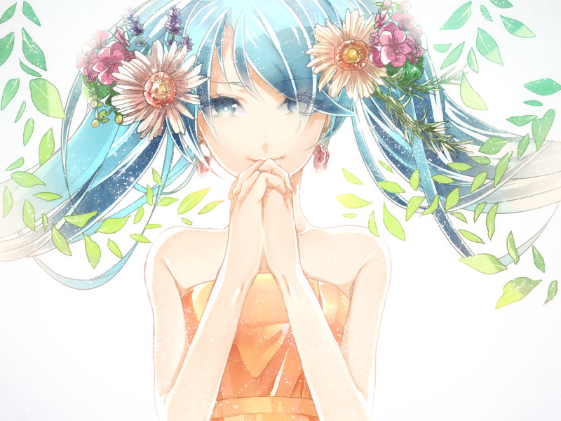 aqua_eyes aqua_hair bad_id bad_pixiv_id blauer_grotte earrings flower hair_flower hair_ornament hands_clasped hatsune_miku jewelry long_hair own_hands_together solo twintails vocaloid white_background