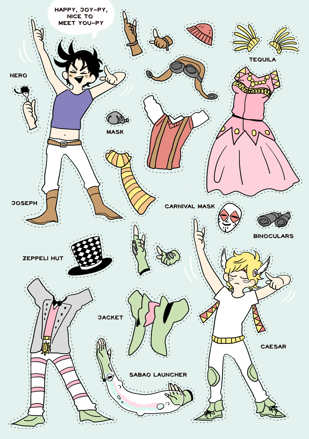 bad_id bad_pixiv_id binoculars black_hair blonde_hair bubble caesar_anthonio_zeppeli character_name dress english facial_mark fingerless_gloves food gloves goggles hair_ornament hat headband hgchgchgc highres jojo_no_kimyou_na_bouken joseph_joestar_(young) kisekae mask multiple_boys paper_doll parody pasta pointing scarf spaghetti suspenders sweater_vest top_hat