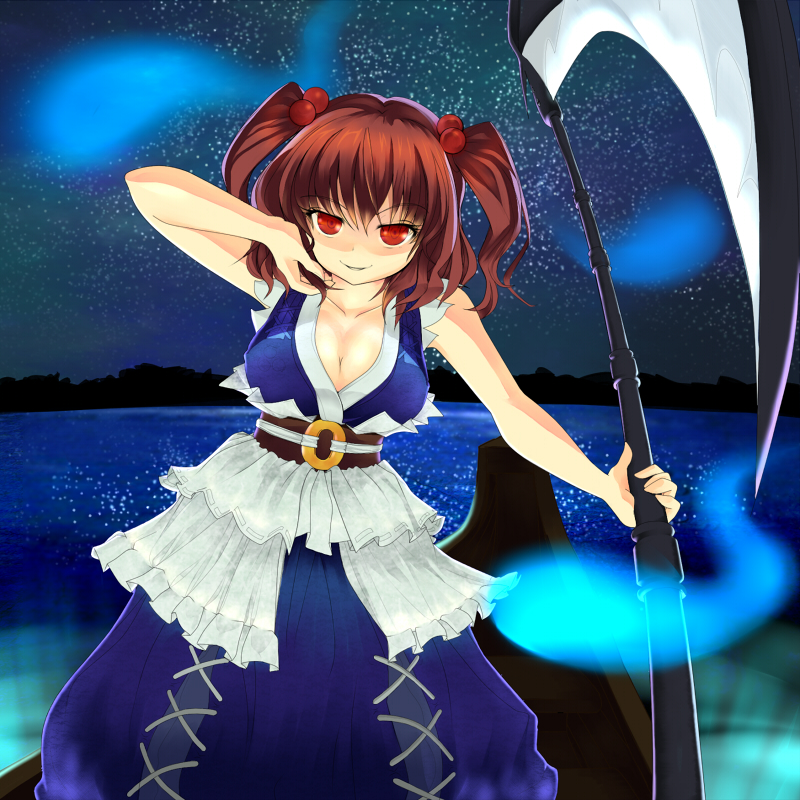 810 adjusting_hair bare_shoulders boat breasts cleavage grin hair_bobbles hair_ornament hitodama large_breasts onozuka_komachi red_eyes red_hair scythe sky sleeveless smile solo star_(sky) starry_sky touhou water watercraft