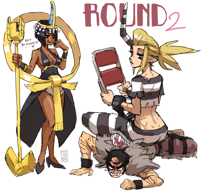 2girls :q ankh arm_hair bare_shoulders beowulf_(skullgirls) black_dress black_hair bracer breasts cape chair circlet cleavage cuffs dark_skin dress eliza_(skullgirls) emlan facial_hair folding_chair giantess green_eyes hagoromo halterneck height_difference high_heels horn large_breasts looking_down microphone multiple_girls pelt pointy_ears ponytail prison_clothes scar scythana shackles shawl shoes short_hair sideburns sitting sitting_on_person skullgirls suspenders the_hurting tongue tongue_out