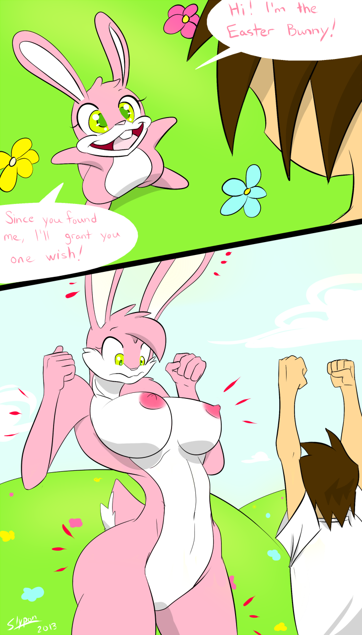 anthro anthrofied big_breasts breasts brown_hair clothed clothing cloud comic cute dialog duo easter easter_bunny english_text female feral flower fur green_eyes hair happy holidays human lagomorph long_ears magic male mammal multicolor_fur nipples nude open_mouth outside pink_fur rabbit raised_arm sky slypon smile standing surprise teeth text transformation two_tone_fur white_fur