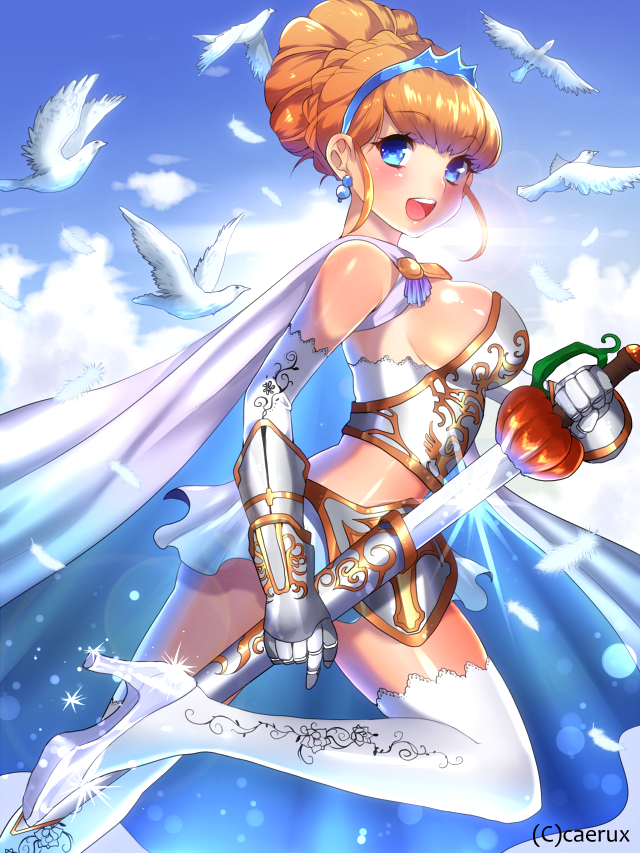 armor bare_shoulders bird blue_eyes blush breasts cape cinderella cinderella_(grimm) cloud day dove earrings elbow_gloves feathers gauntlets gloves high_heels jewelry large_breasts matarou_(genkai_toppa) midriff open_mouth orange_hair original rapier sheath shoes sideboob skirt sky smile solo sword thighhighs weapon white_legwear