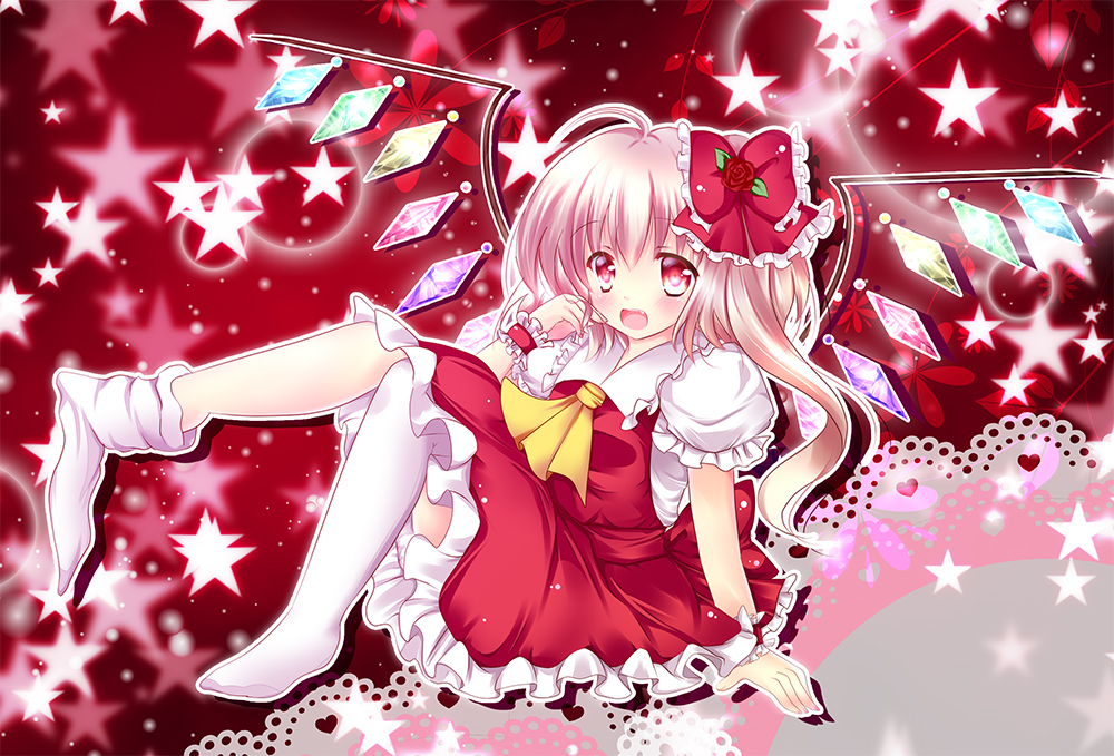 blonde_hair bow dress fang flandre_scarlet flower hair_bow hair_flower hair_ornament hand_in_hair looking_at_viewer no_hat no_headwear no_shoes open_mouth puffy_sleeves red_dress red_eyes red_flower red_rose rikatan rose sash shirt short_sleeves side_ponytail sitting smile solo star thighhigh_dangle thighhighs touhou white_legwear wings wrist_cuffs