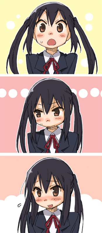 3koma black_hair blush brown_eyes comic k-on! long_hair mikami_komata nakano_azusa sakuragaoka_high_school_uniform school_uniform surprised twintails