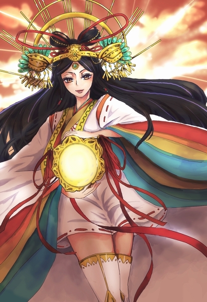 black_hair boots cardfight!!_vanguard glowing goddess_of_the_sun_amaterasu hair_ornament headdress japanese_clothes kimono long_hair looking_at_viewer mirror oracle_think_tank thigh_boots thighhighs yellow_eyes