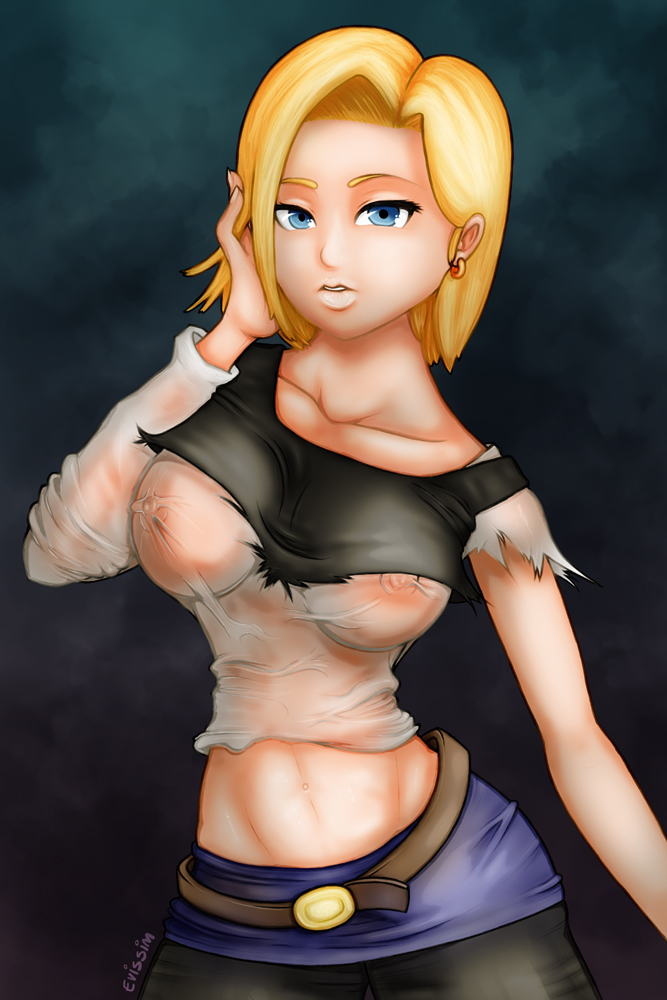 adjusting_hair android android_18 belt blonde_hair blue_eyes breasts dragon_ball dragonball_z earrings erect_nipples evissim jewelry looking_at_viewer midriff navel no_bra see-through short_hair simple_background skirt solo standing torn_clothes