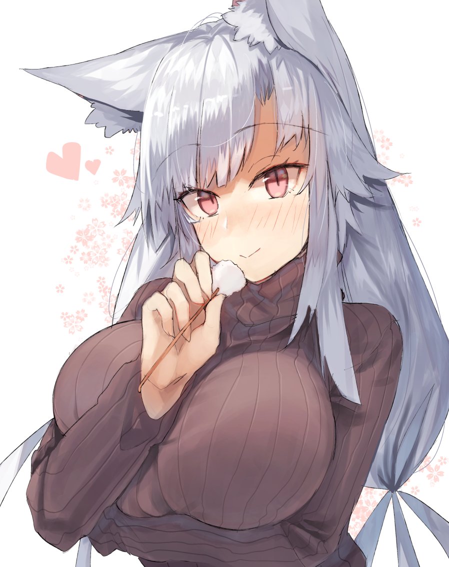 1girl animal_ear_fluff animal_ears arm_under_breasts bangs blush breasts brown_sweater commentary_request eyebrows_visible_through_hair floral_background hand_up heart holding huge_breasts kasuka_(kusuki) long_hair long_sleeves looking_at_viewer mimikaki original red_eyes ribbed_sweater silver_hair simple_background smile solo sweater tied_hair turtleneck turtleneck_sweater upper_body white_background wolf_ears wolf_girl