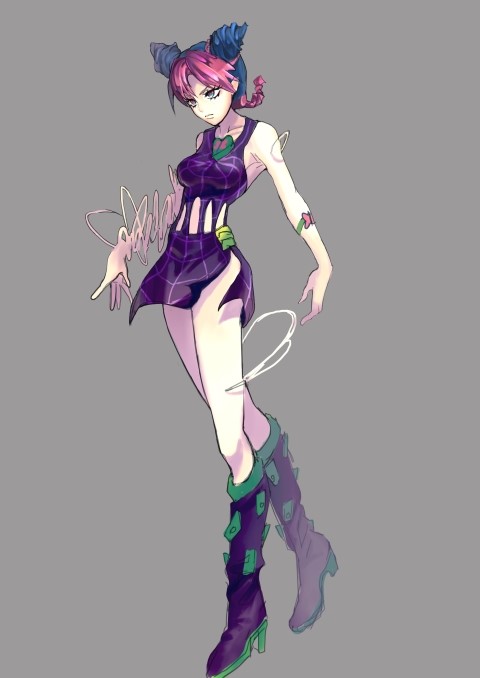 bad_id bad_pixiv_id black_hair black_n_12 blue_hair boots double_bun full_body grey_background jojo_no_kimyou_na_bouken kuujou_jolyne legs midriff miniskirt multicolored_hair pink_hair simple_background skirt solo stone_ocean string two-tone_hair