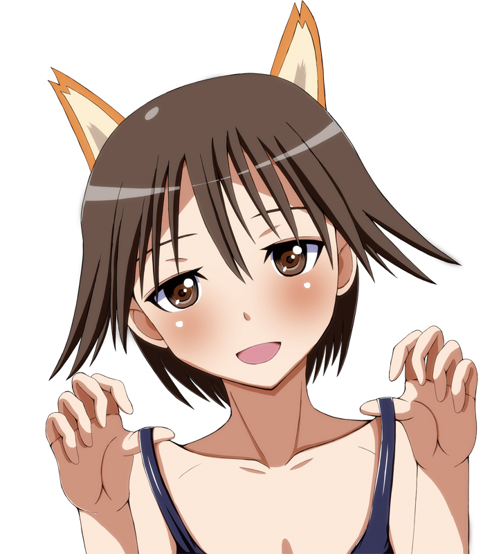 :d animal_ears arobiro bad_id bad_pixiv_id brown_eyes collarbone looking_at_viewer miyafuji_yoshika naughty_face open_mouth short_hair simple_background smile strike_witches white_background world_witches_series