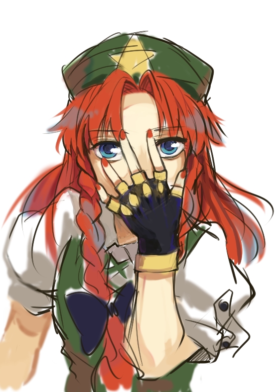beret blue_eyes braid covering_face fingerless_gloves gloves hand_on_own_face hat hong_meiling jojo_pose long_hair looking_at_viewer nail_polish peninsula_(disappearedstump) pose red_hair side_braid solo touhou white_background